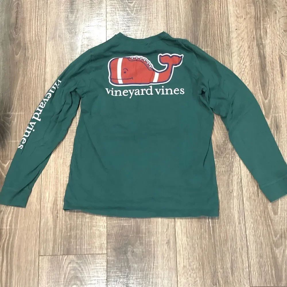 Vineyard Vines Football Size 12-14 Green Long Sleeve Whale Tee